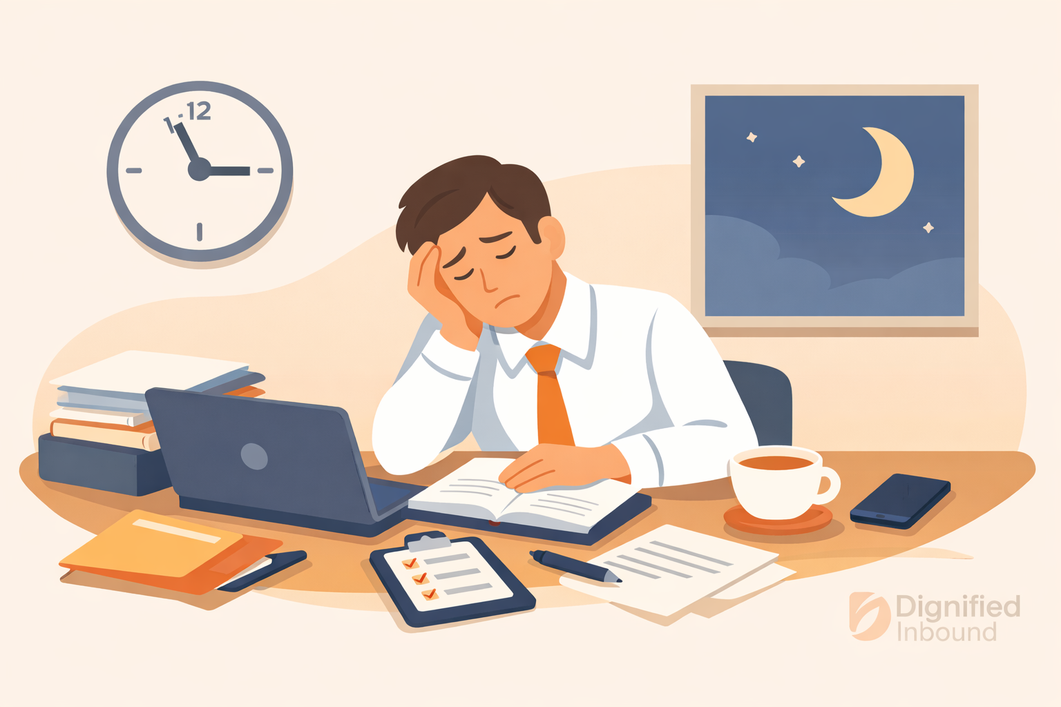 Funeral home owner working late at a cluttered desk, illustrating the workload and stress many funeral directors face. Funeral home owner working late at a cluttered desk, illustrating the workload and stress many funeral directors face.