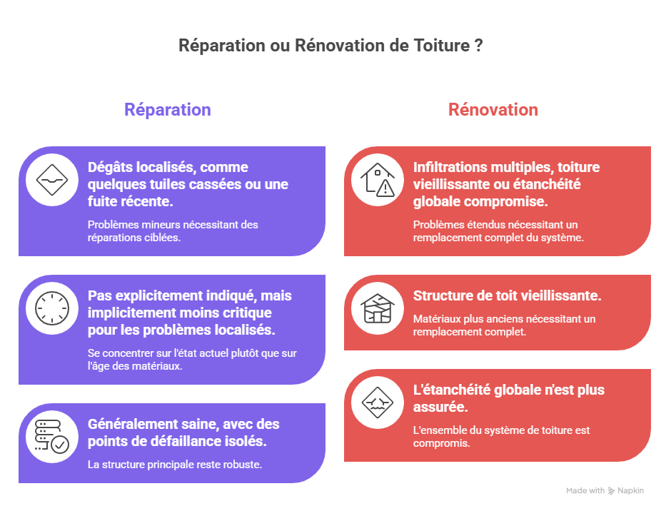 Différence entre réparation et rénovation de toiture selon l’état et les dommages
