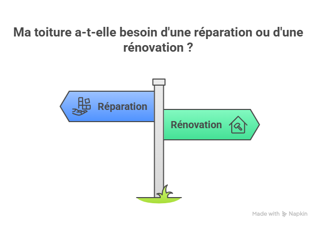 Infographie montrant les étapes pour déterminer si une toiture nécessite une réparation ou une rénovation, incluant les signes visibles, critères techniques et recommandations d’un couvreur.