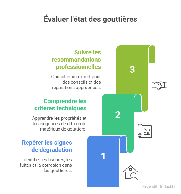 Infographie montrant les signes d’une gouttière endommagée, les critères pour décider réparation ou remplacement, et les étapes recommandées par un professionnel pour une installation durable.