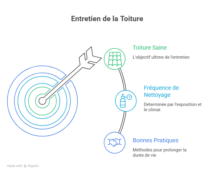 Infographie montrant la fréquence idéale de nettoyage et démoussage de toiture selon l’exposition, les méthodes adaptées et les précautions pour prolonger la durée de vie de la toiture.