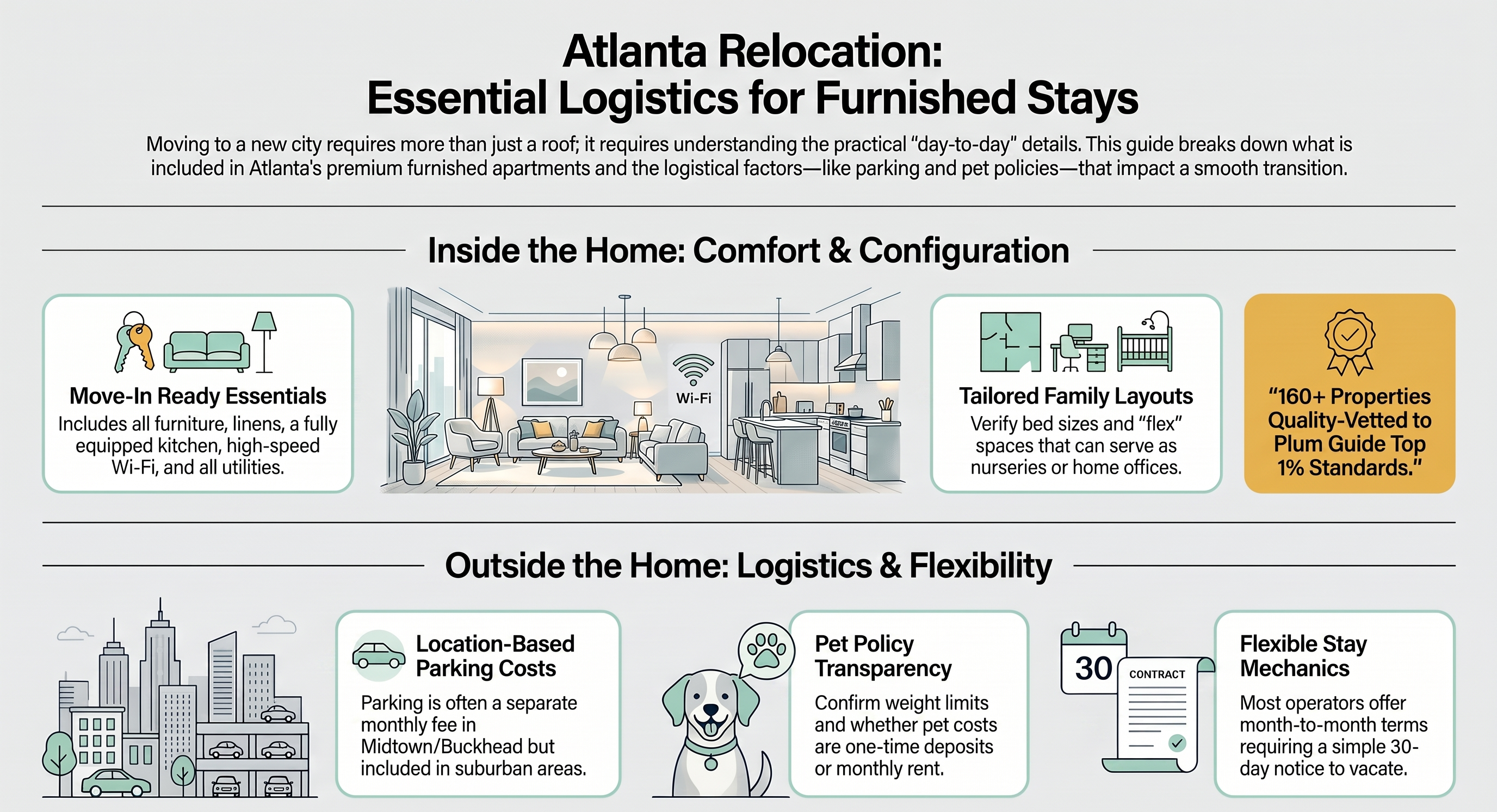 Logistics &mdash; pets, families, parking, and what's included in furnished Atlanta apartments