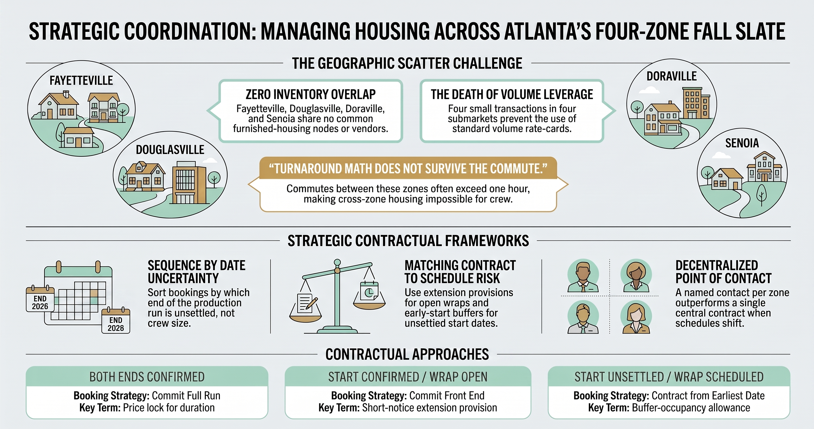 Strategic coordination across Atlanta's four zone fall slate, covering the geographic scatter challenge across Fayetteville, Douglasville, Doraville and Senoia, and three contractual approaches sorted by whether the start or the wrap is uncertain
