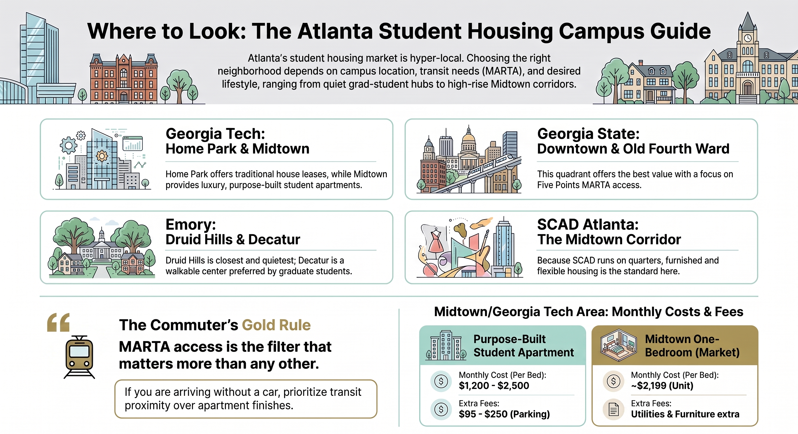 Atlanta student housing campus guide: Home Park and Midtown for Georgia Tech, Downtown and Old Fourth Ward for Georgia State, Druid Hills and Decatur for Emory, and the Midtown corridor for SCAD Atlanta