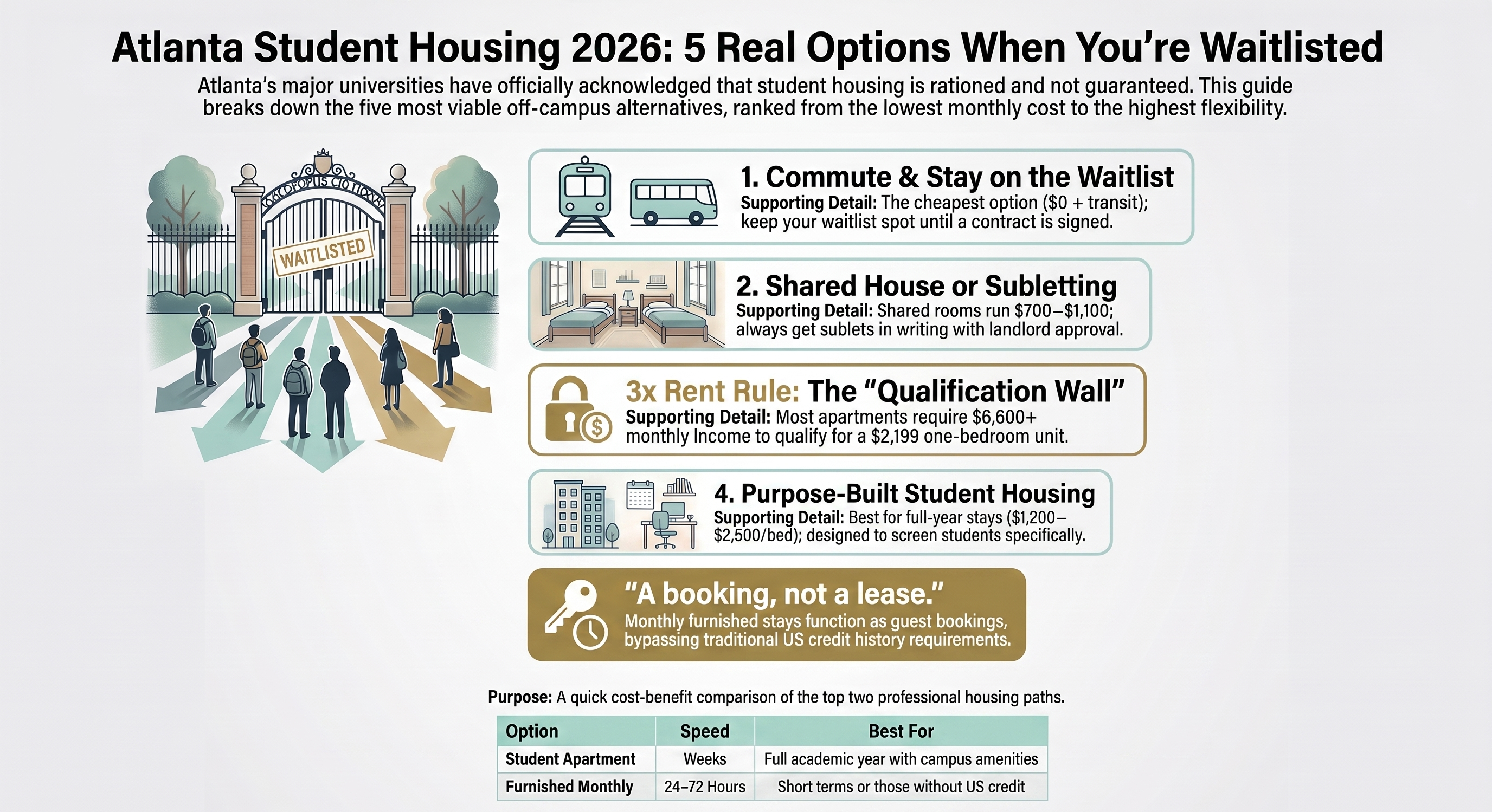 Five real Atlanta student housing options when you are waitlisted, ranked from commuting at no cost through shared housing, purpose built student apartments, and monthly furnished stays