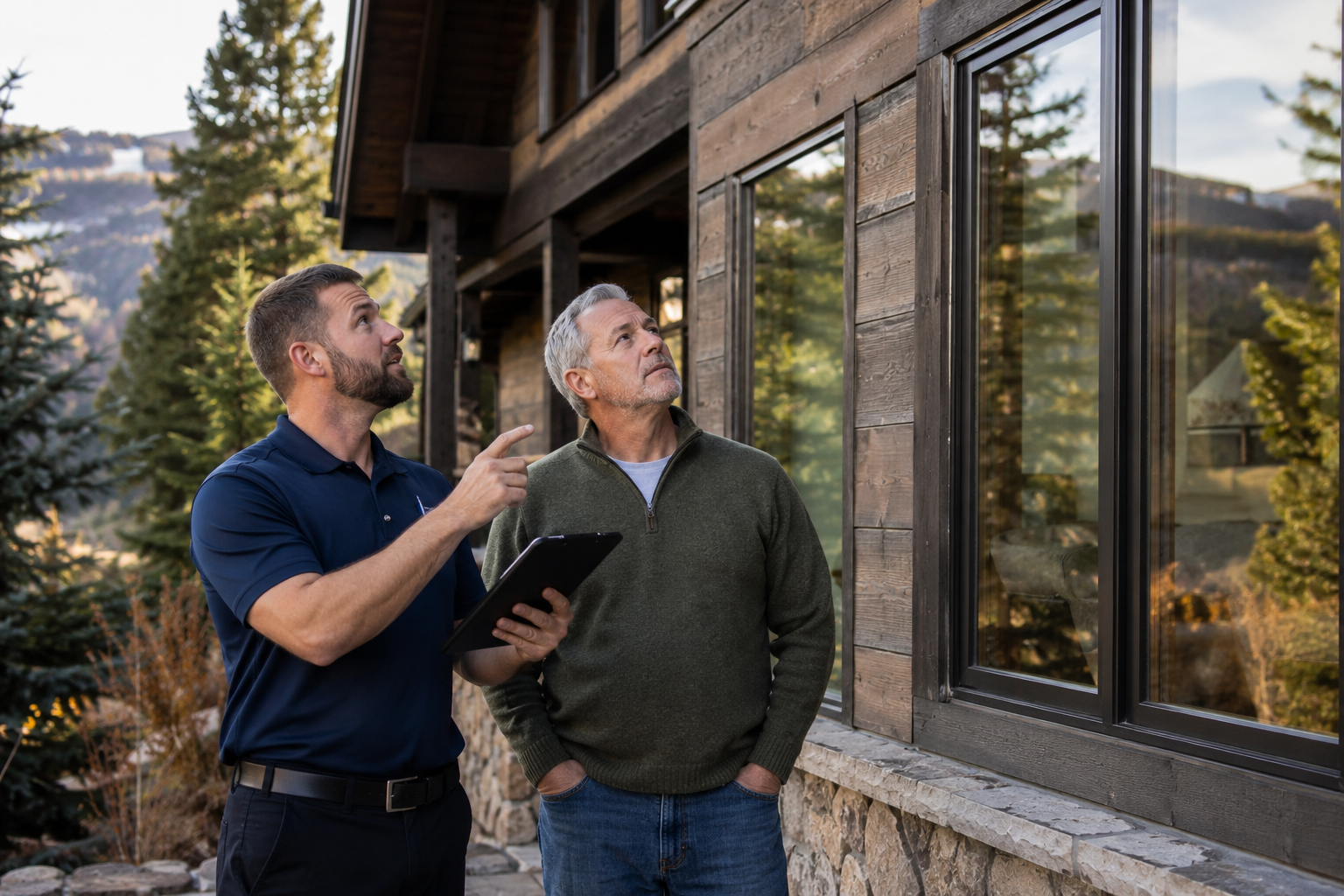 Homeowner and technician walking through a window cleaning estimate together