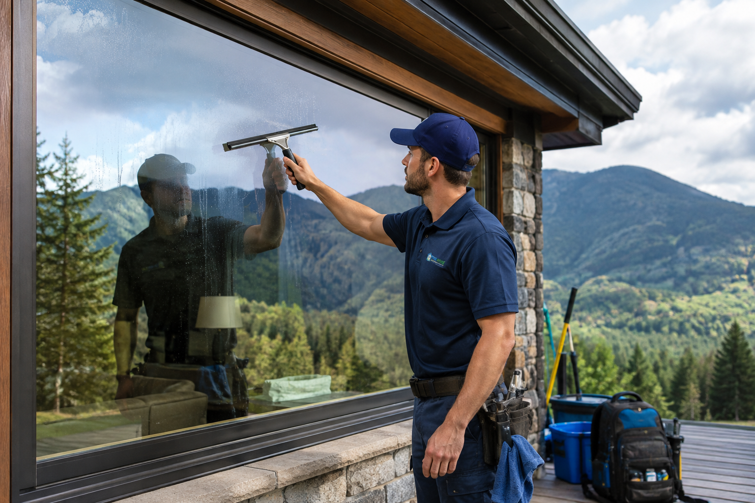 Professional window cleaner working on a large picture window at a mountain home