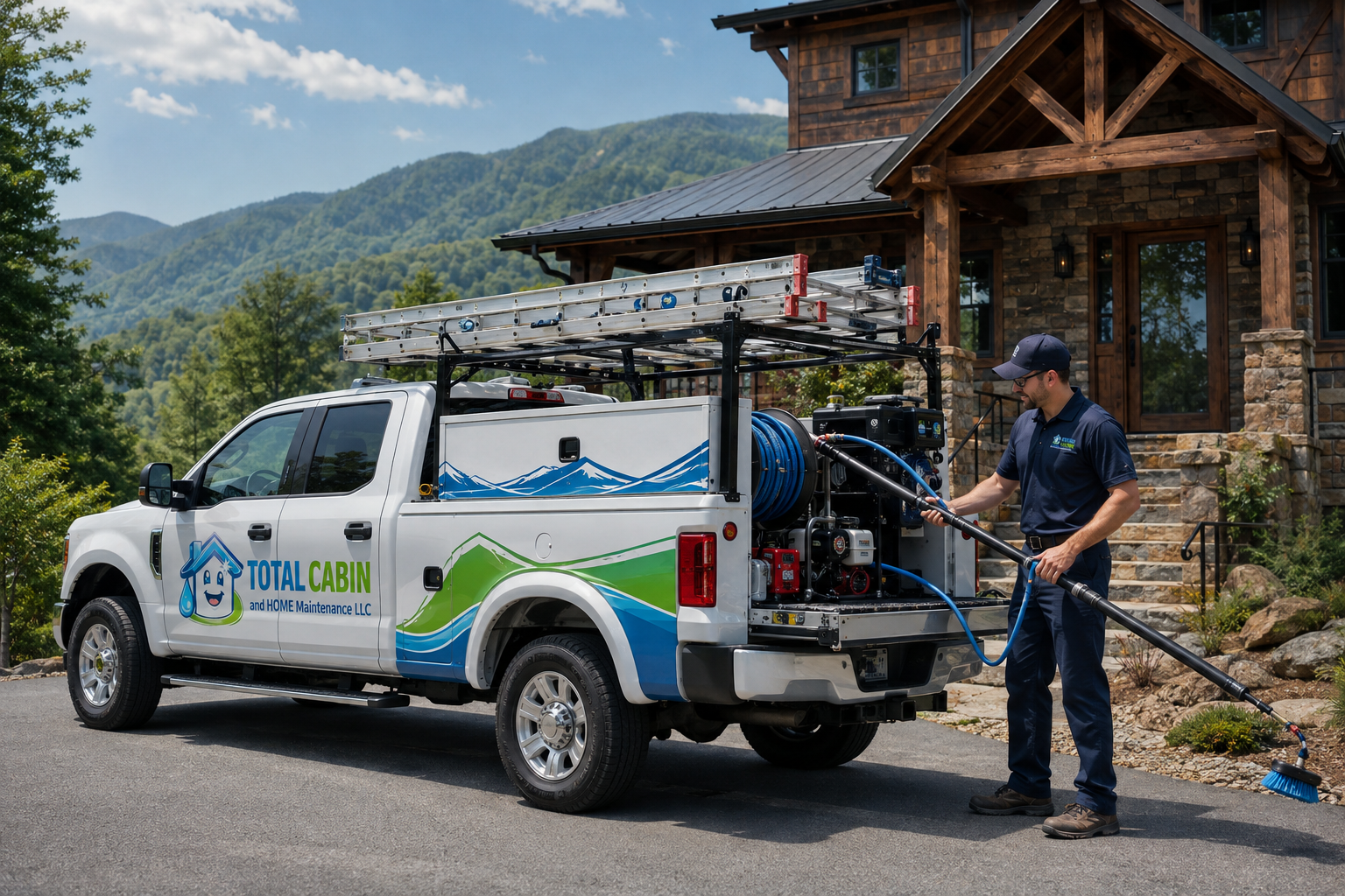Total Cabin and Home service truck at a Sevierville area home for window cleaning