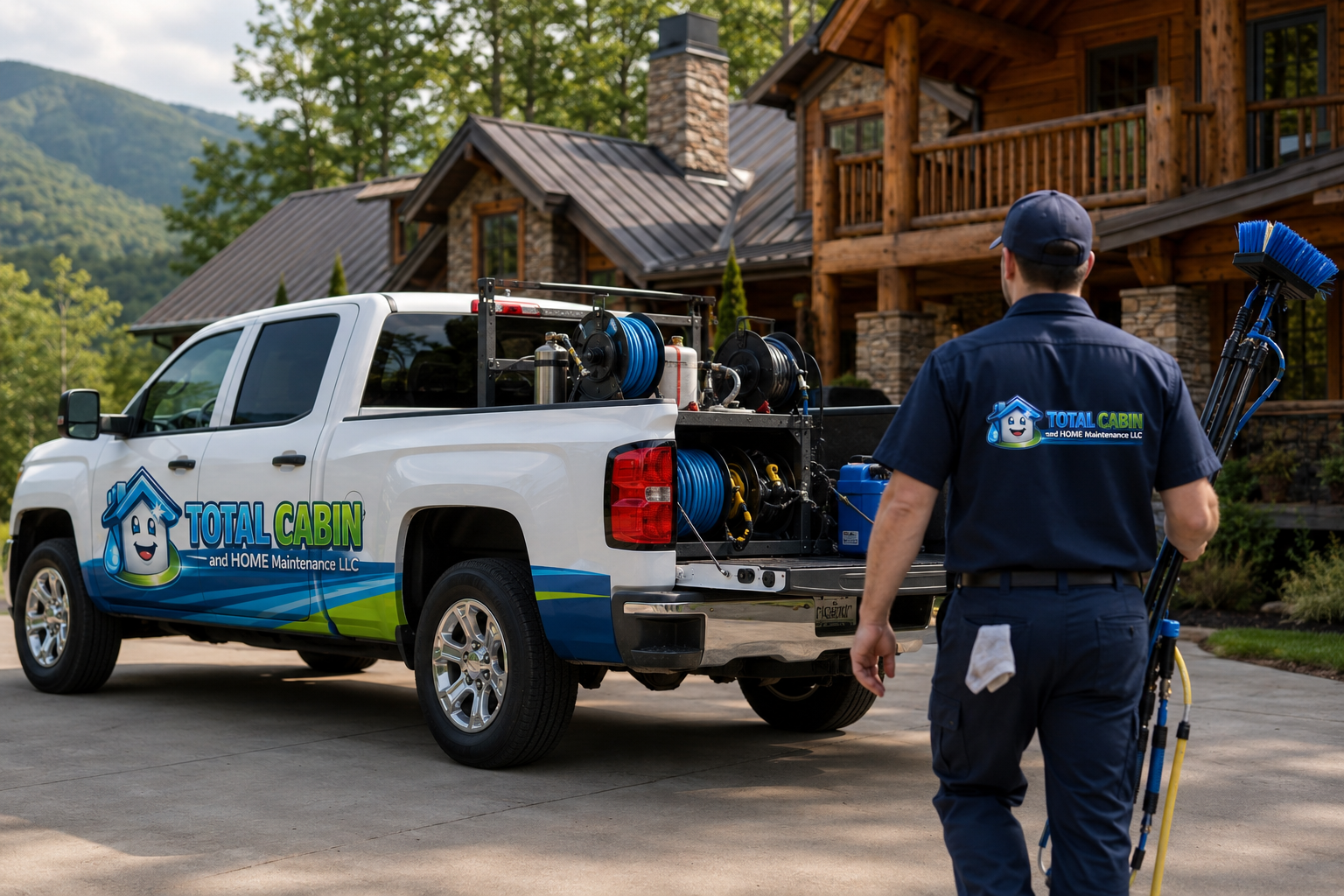 Total Cabin and Home work truck and equipment at a Smoky Mountain cabin