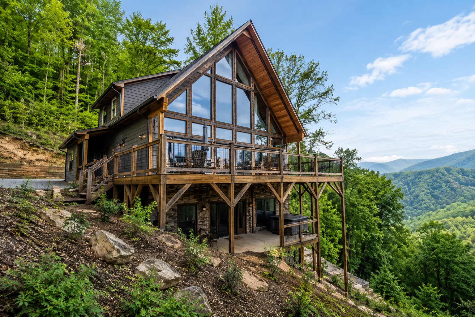 Cabin on a sloped Gatlinburg lot showing difficult window access above a deck