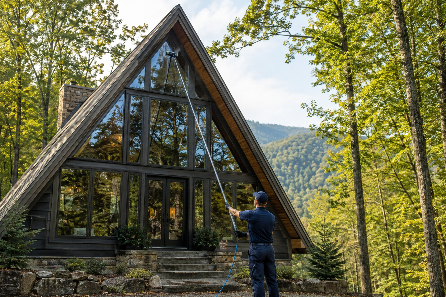 Technician cleaning tall A-frame cabin windows with a water-fed pole in Gatlinburg