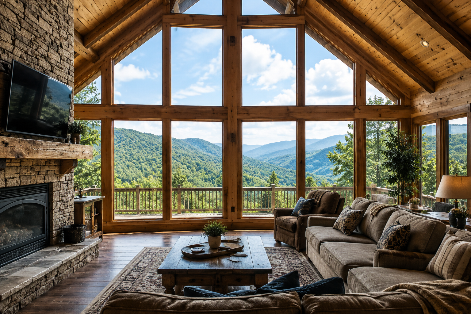 Cabin great room interior with clean floor to ceiling windows framing a mountain view