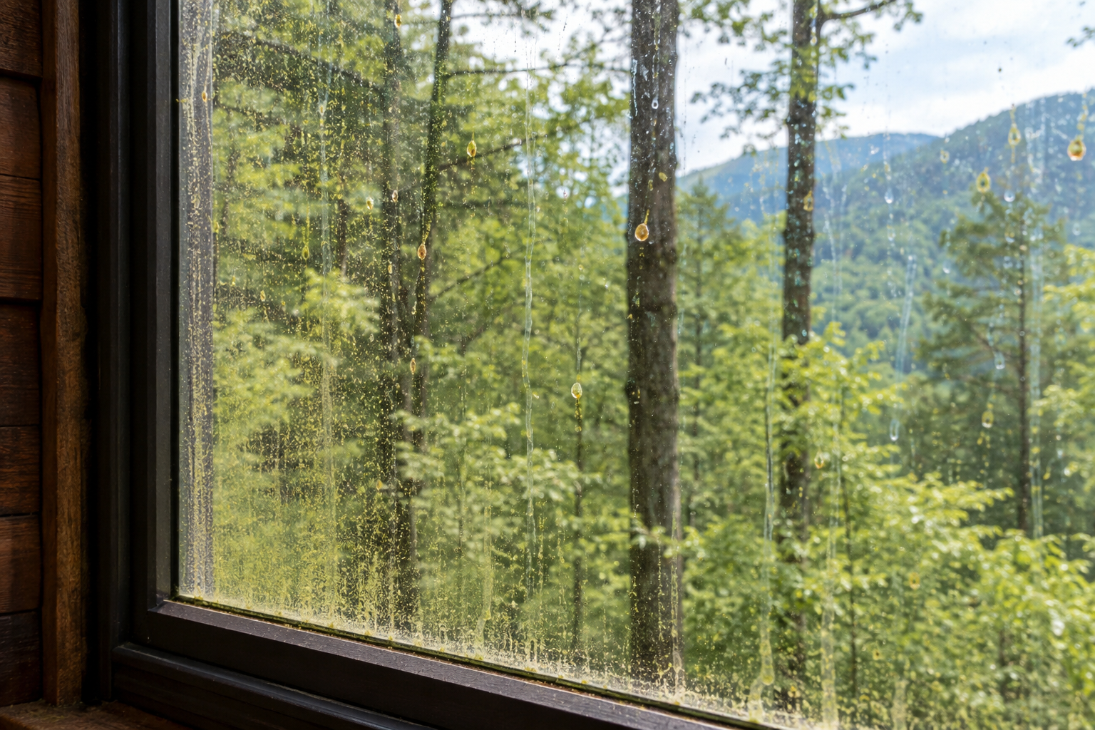 Cabin window glass showing pollen sap and mineral buildup under tree cover