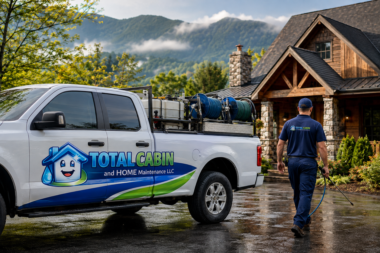Total Cabin and Home work truck and pressure washing equipment at a Smoky Mountain home