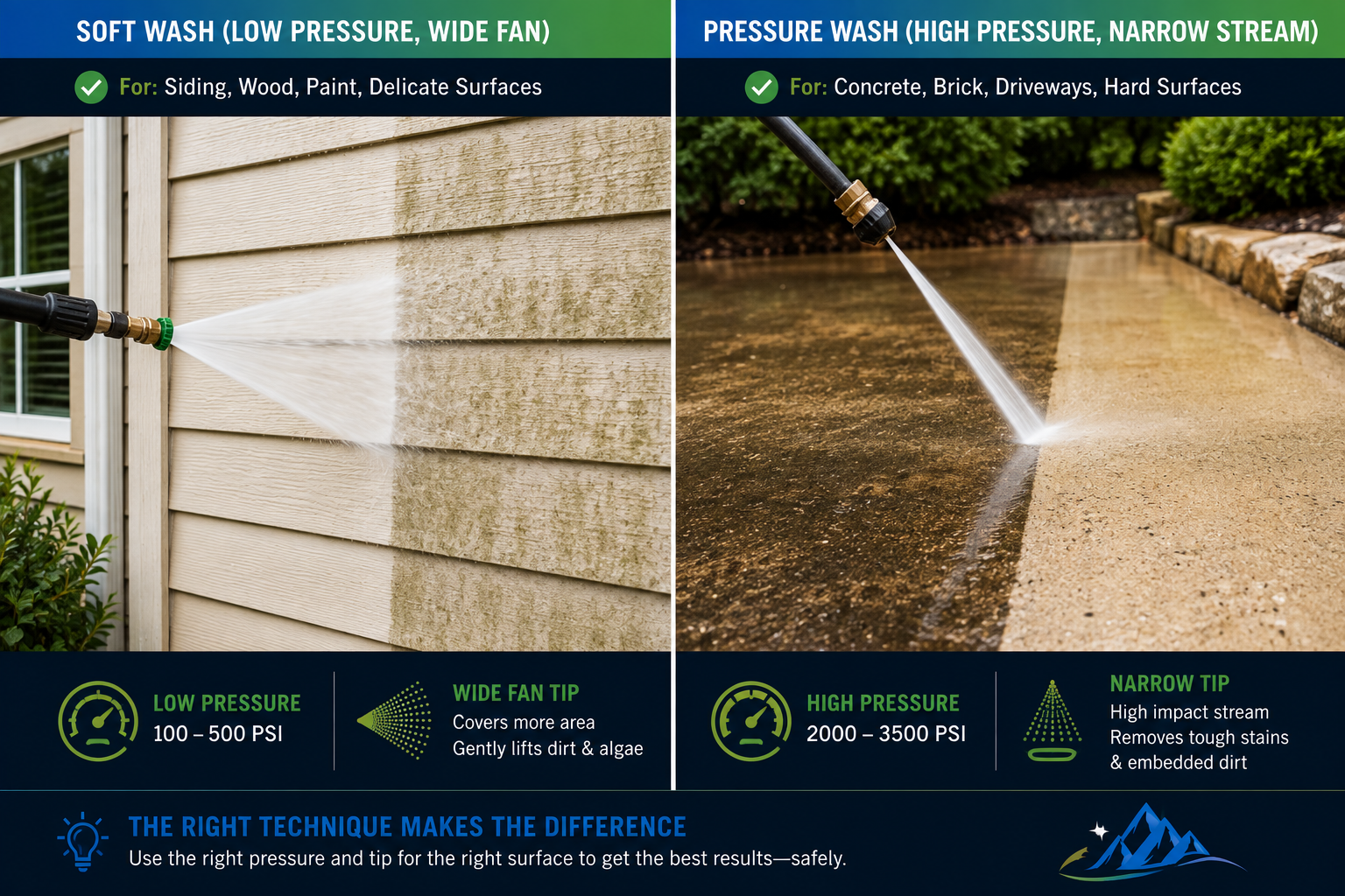 Soft washing on siding compared with high pressure washing on concrete