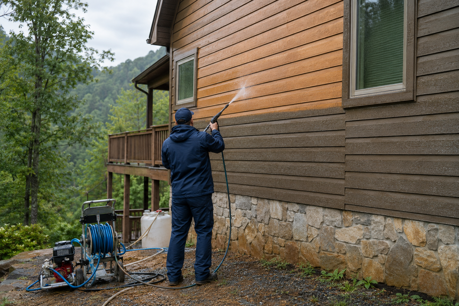 Technician pressure washing home siding on an overcast day in East Tennessee