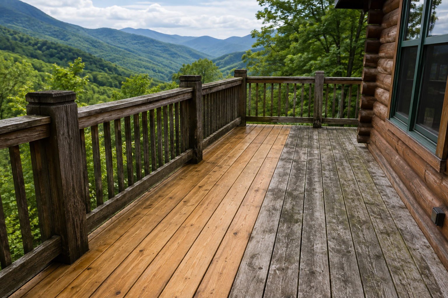 Cabin deck being washed showing the contrast between cleaned and weathered boards