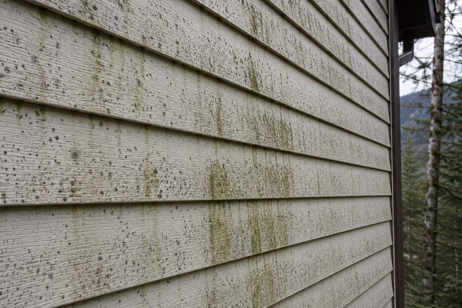 Green algae and black mildew streaking on shaded siding of a Tennessee home