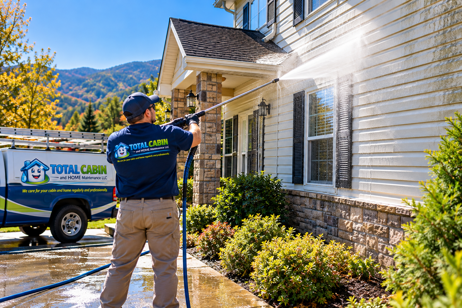 Home exterior being pressure washed by professional technician.