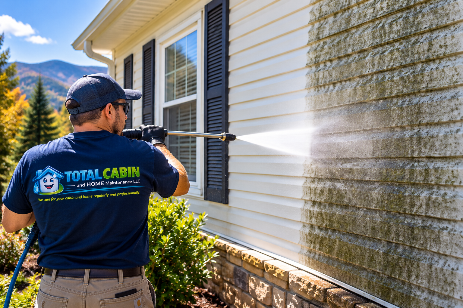 Technician pressure washing home siding showing clean and dirty contrast