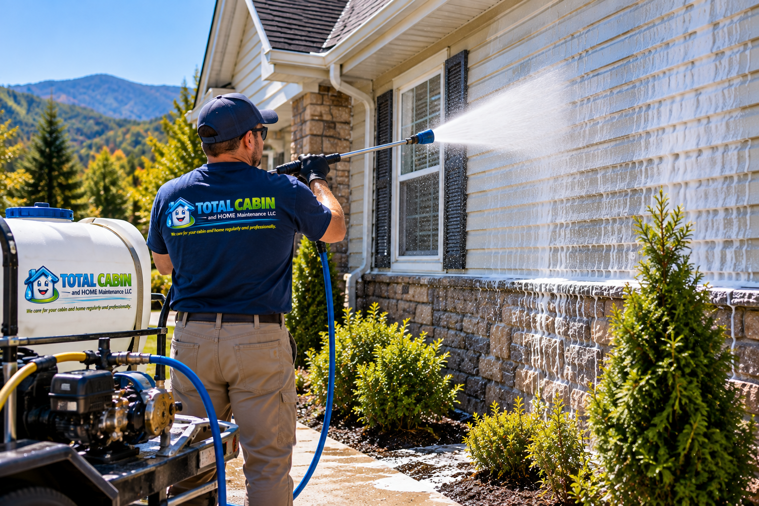 Technician using soft wash technique on home siding.