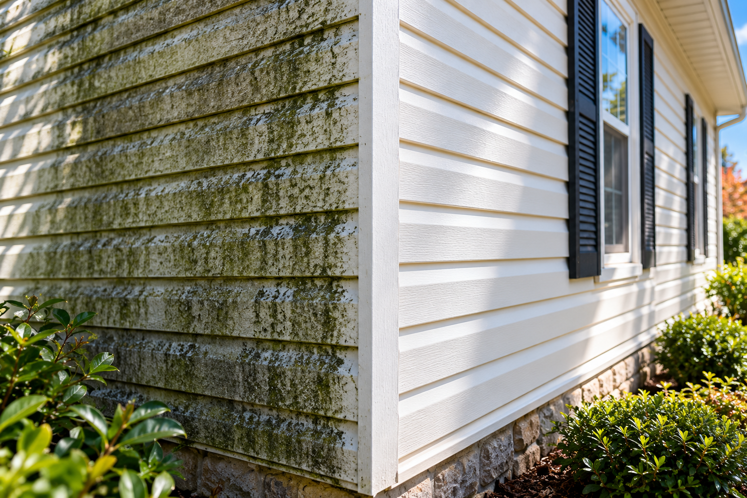 Comparison of algae streaked siding versus clean pressure washed siding.