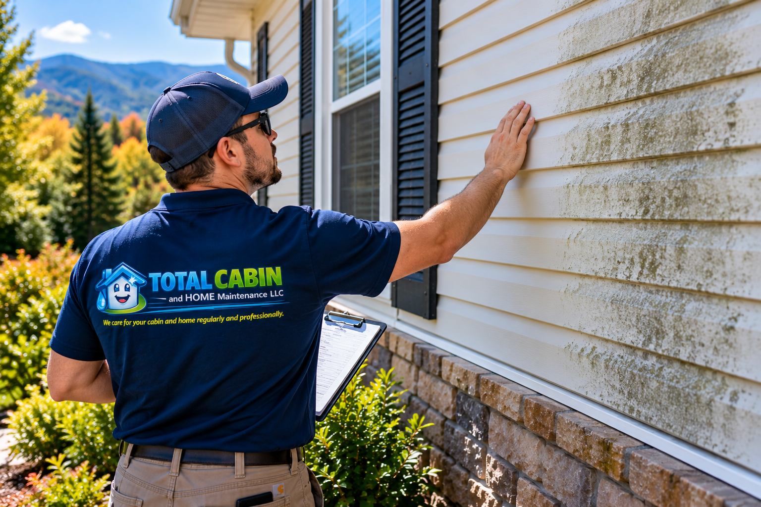 Technician inspecting home siding before starting exterior cleaning.