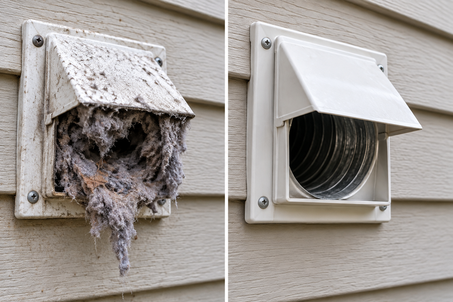 Comparison of clogged versus clean exterior dryer vent flap.