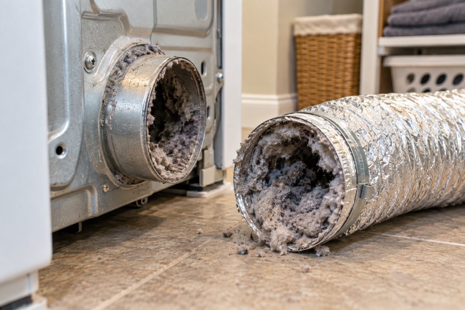 Dryer vent disconnected showing heavy lint buildup inside hose.