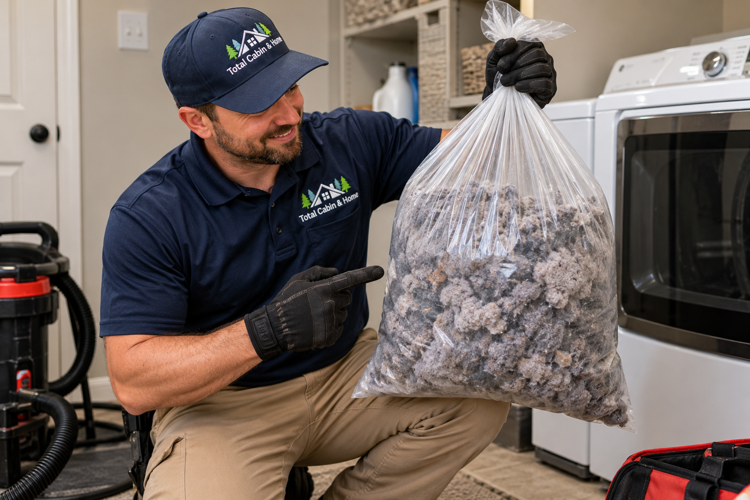 Technician showing bag of lint removed during dryer vent cleaning.