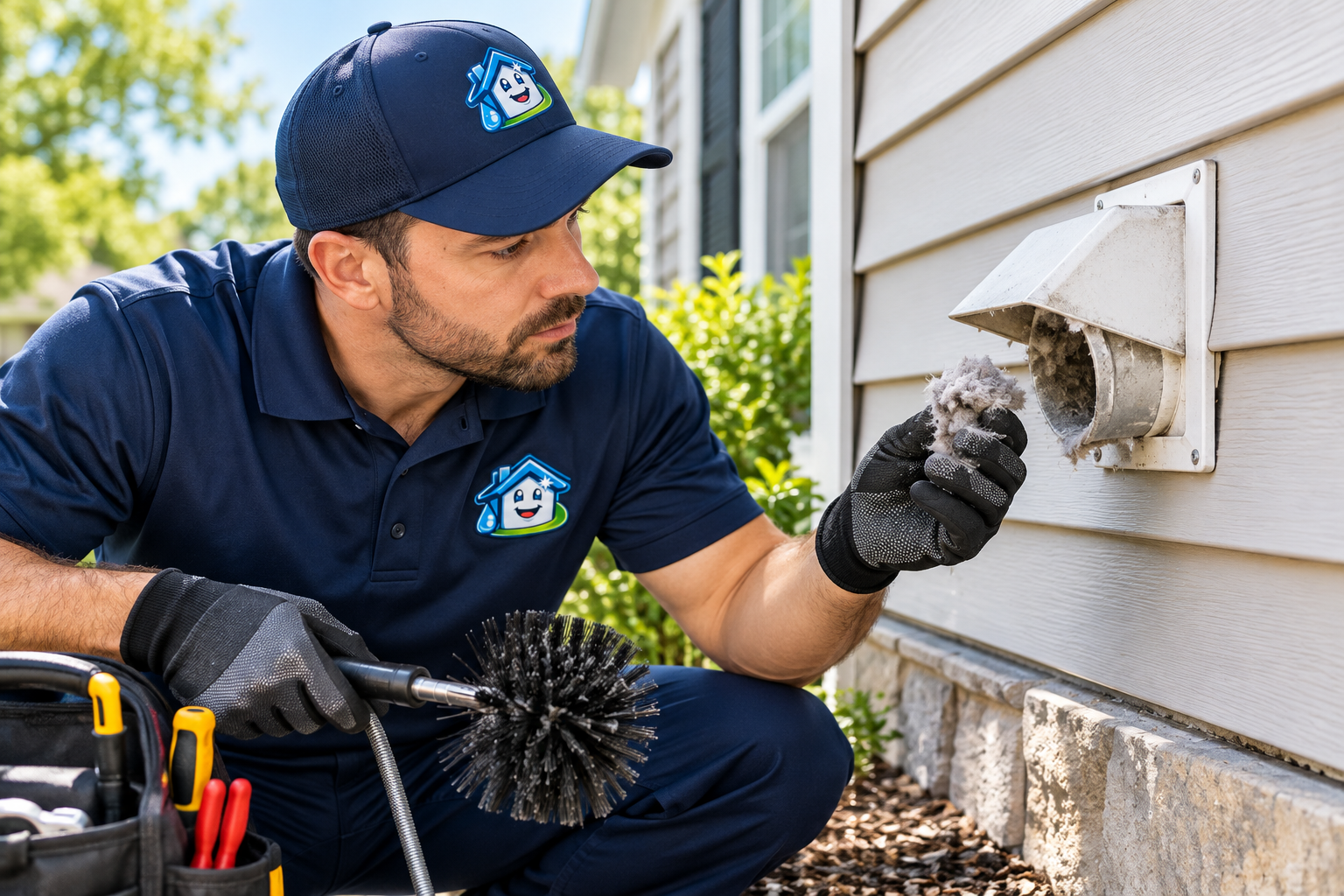 Technician inspecting exterior dryer vent for lint buildup