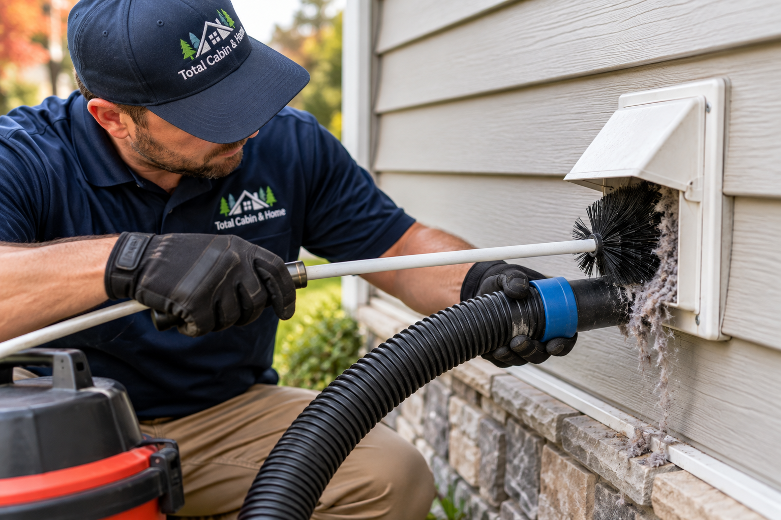 Technician using vent cleaning tools on exterior dryer vent.