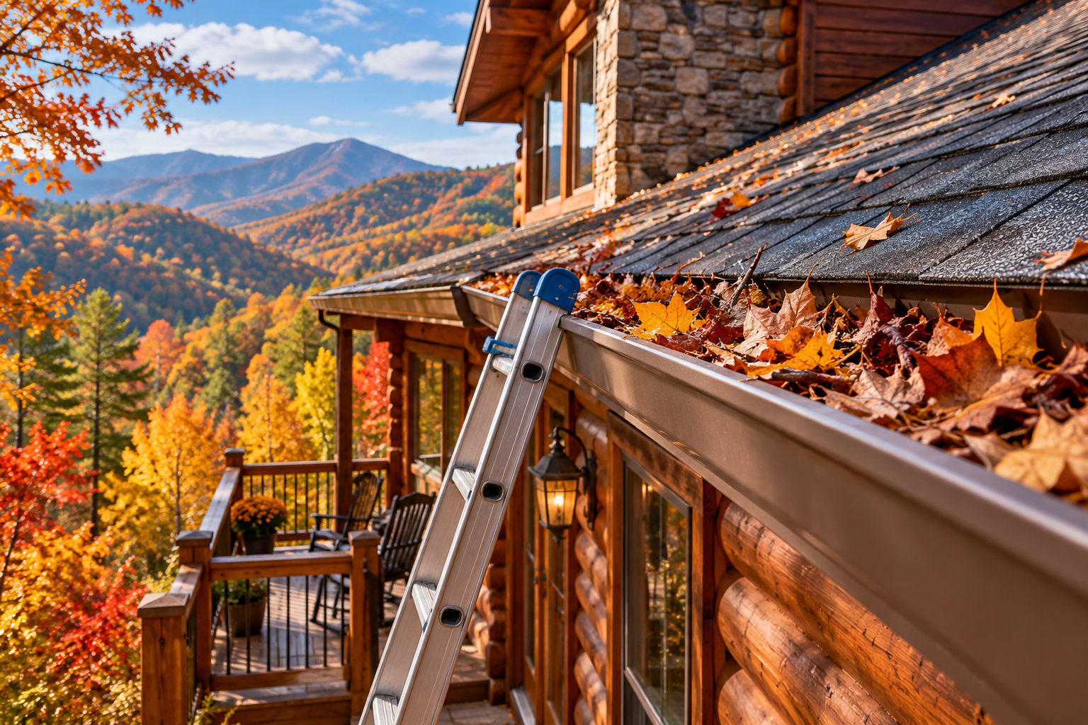 Smoky Mountain cabin exterior showing fall maintenance needs.