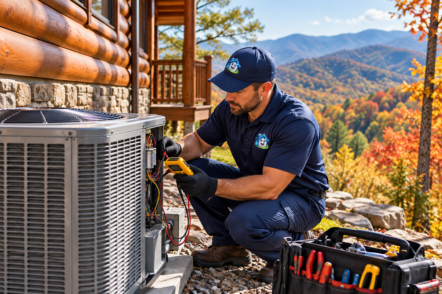 Technician performing HVAC maintenance check outside Smoky Mountain cabin.