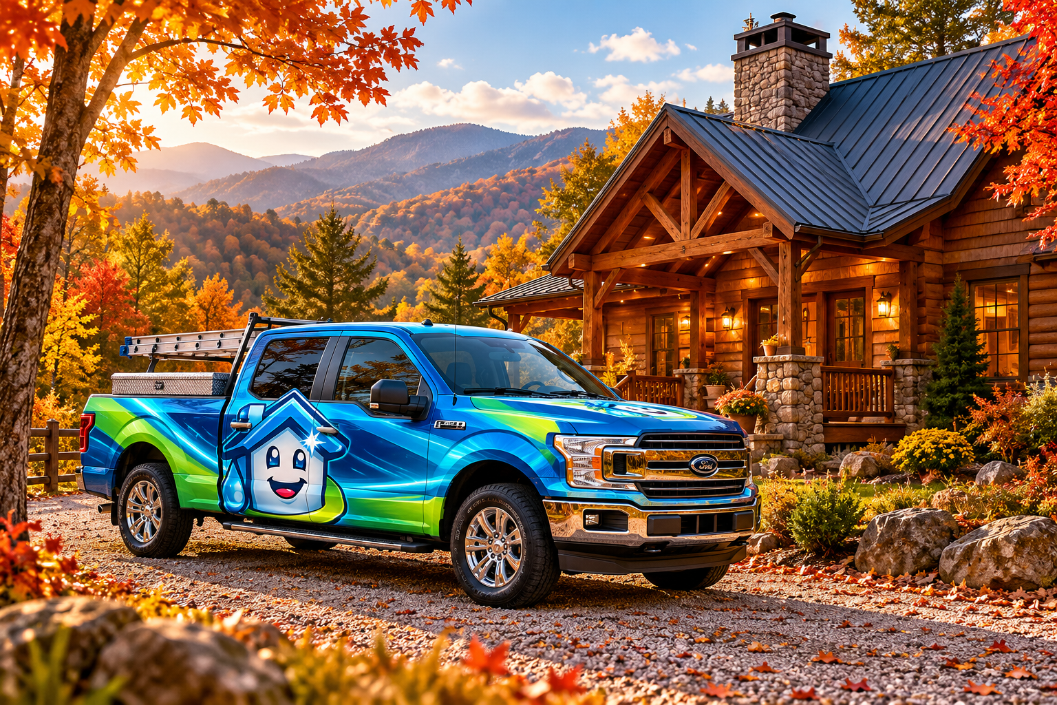 Smoky Mountain log cabin surrounded by fall foliage with service truck
