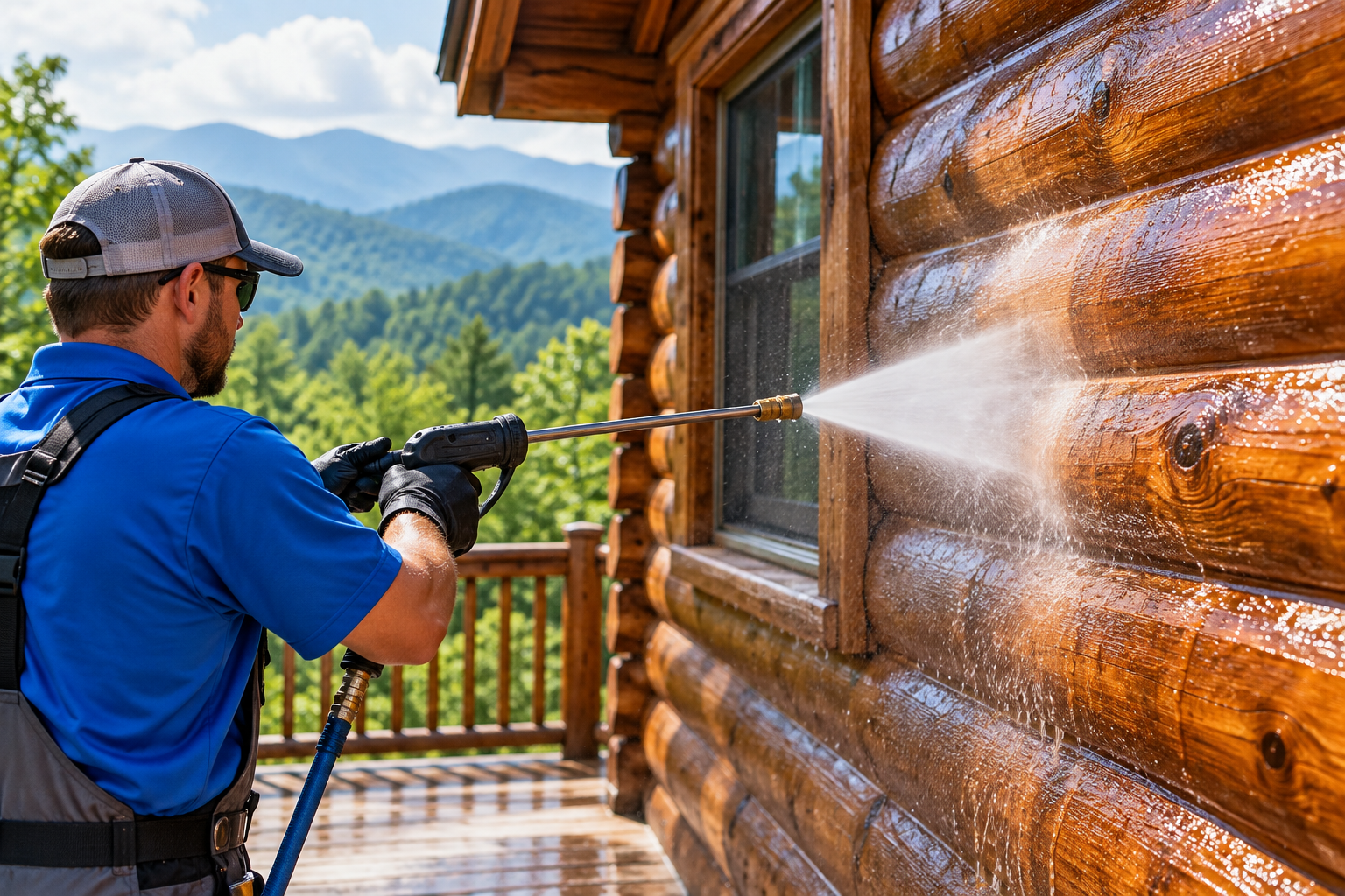Technician pressure washing log cabin exterior siding.
