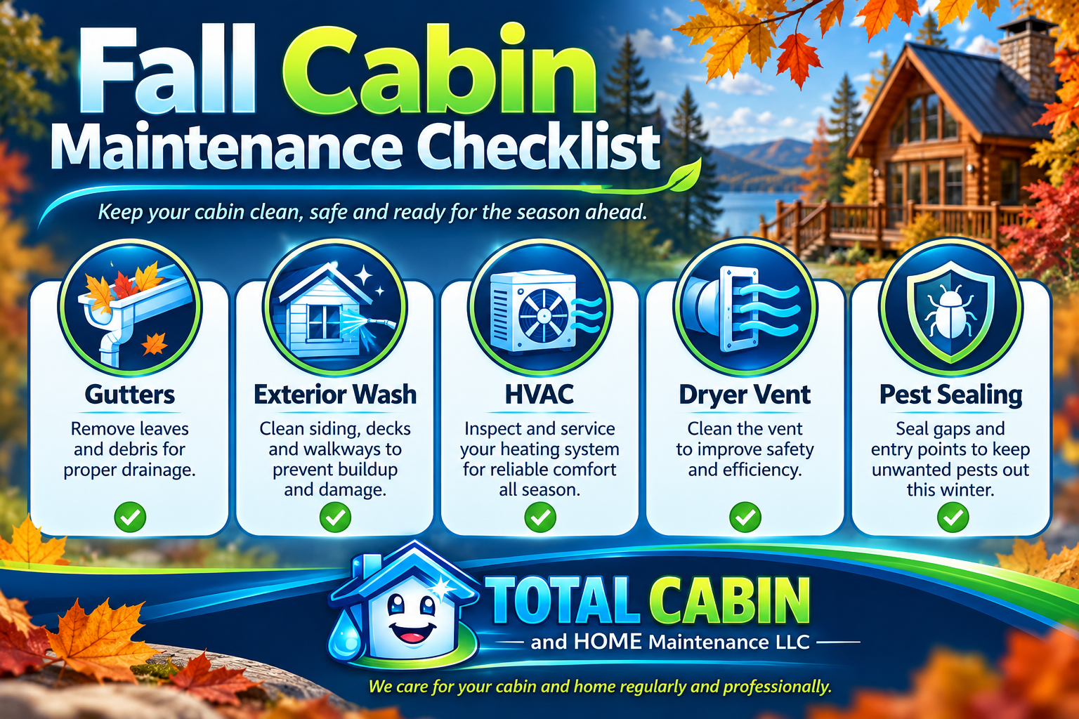 Infographic listing fall cabin maintenance checklist items.
