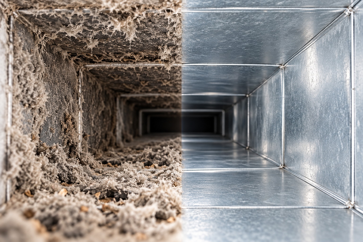Comparison of dirty versus clean HVAC duct interior.