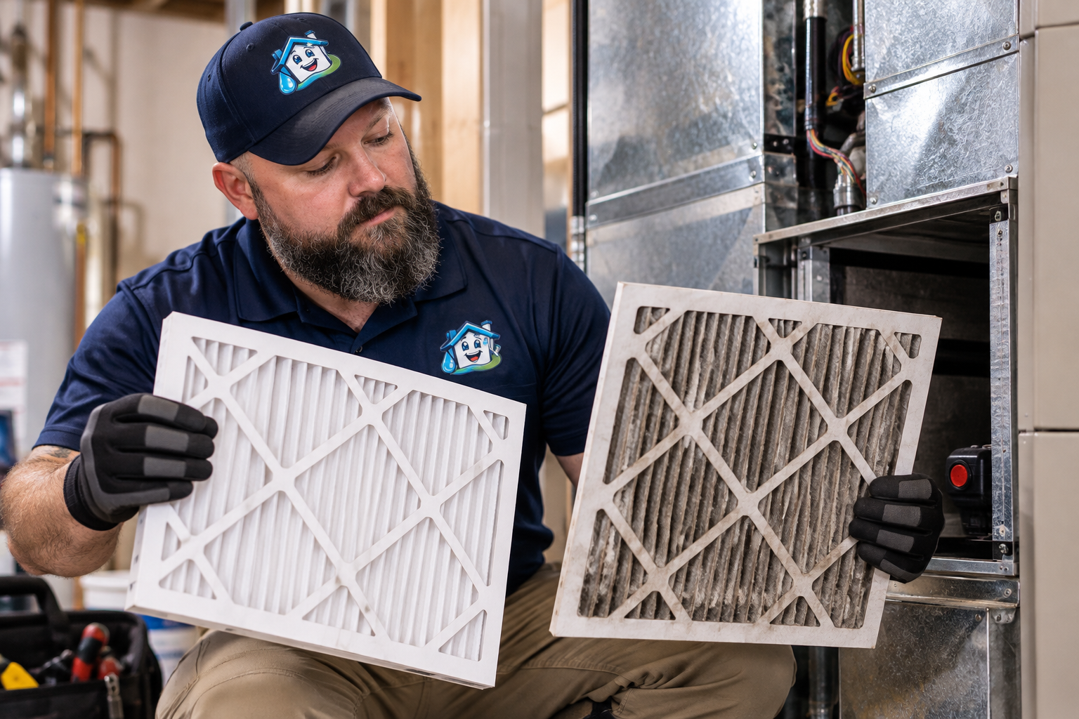Technician replacing HVAC air filter showing clean versus dirty comparison.