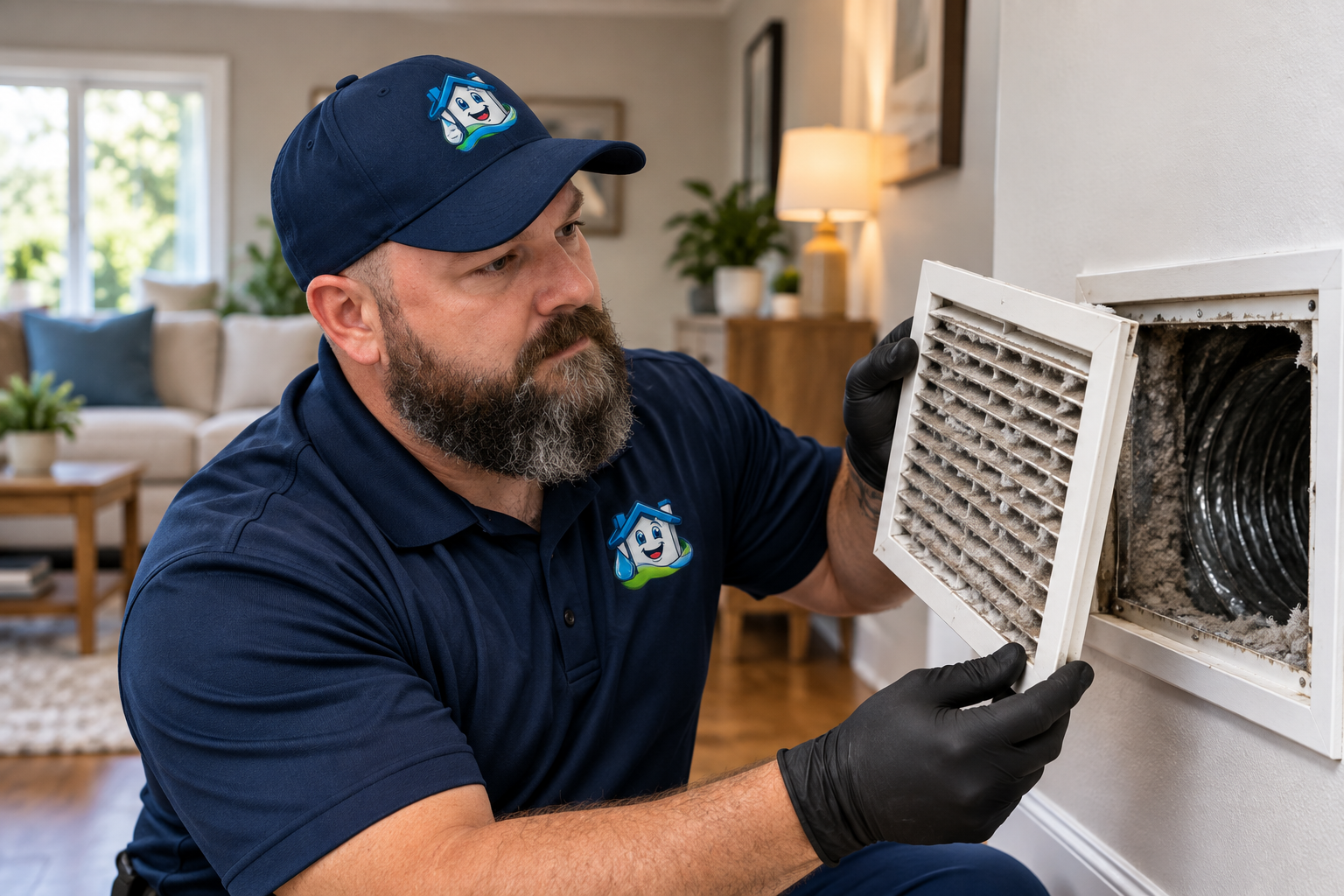 Technician inspecting dusty HVAC vent cover in home.