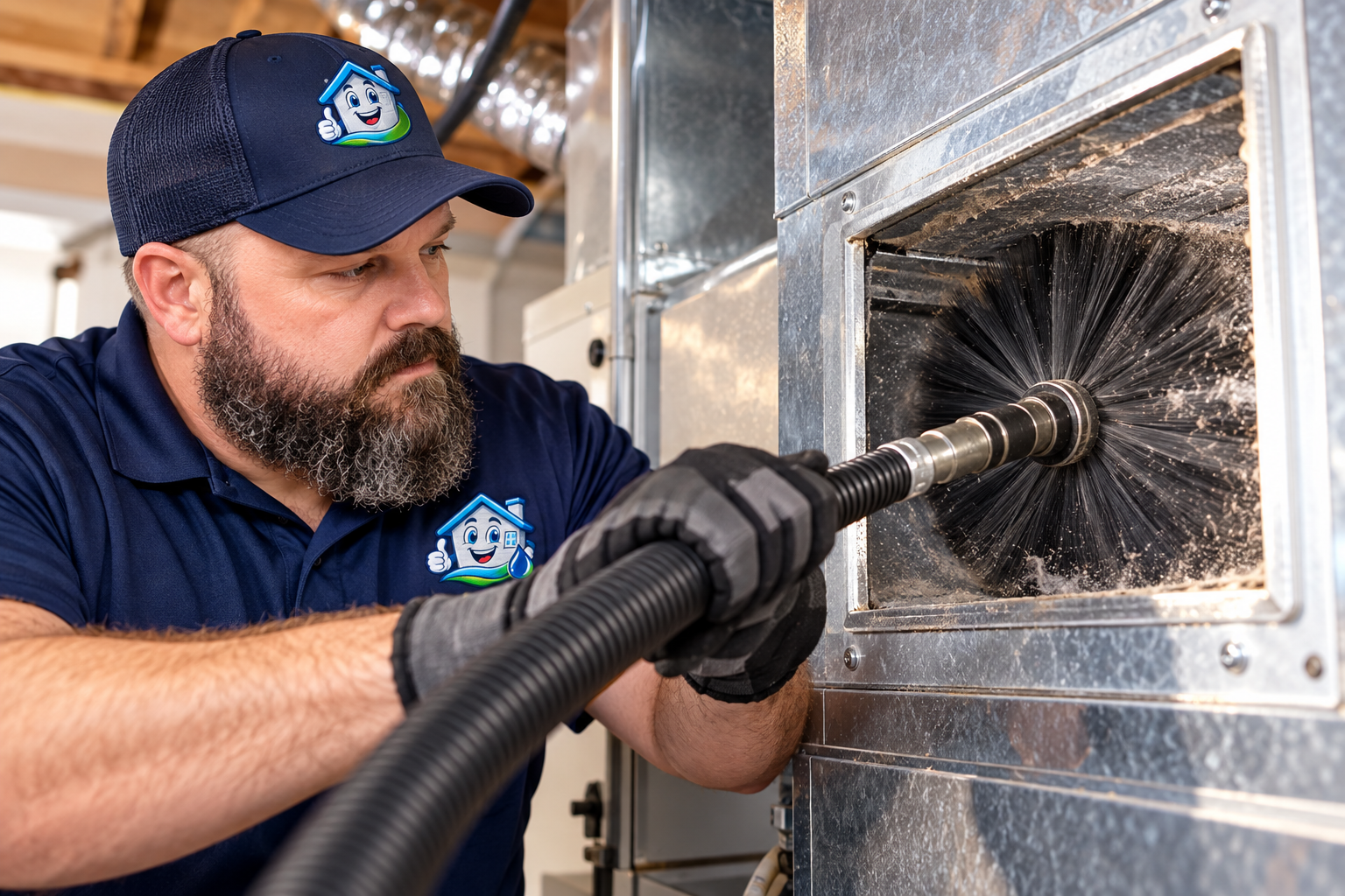 Technician using rotary brush tool to clean HVAC ductwork.