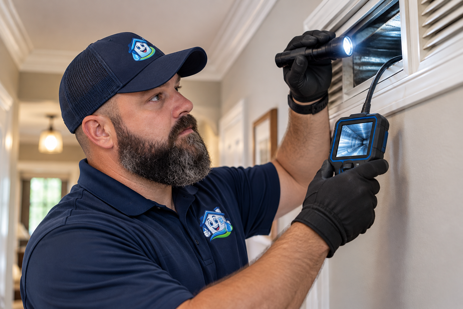 Technician inspecting HVAC air duct vent with flashlight