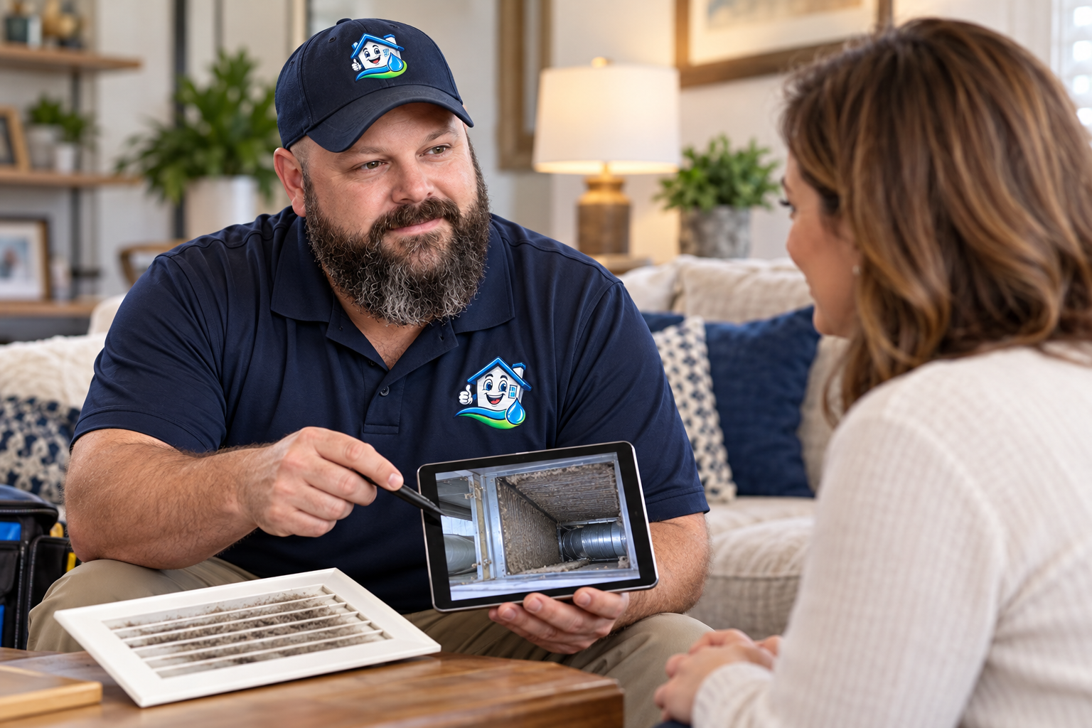 Technician discussing HVAC duct cleaning results with Sevierville homeowner.