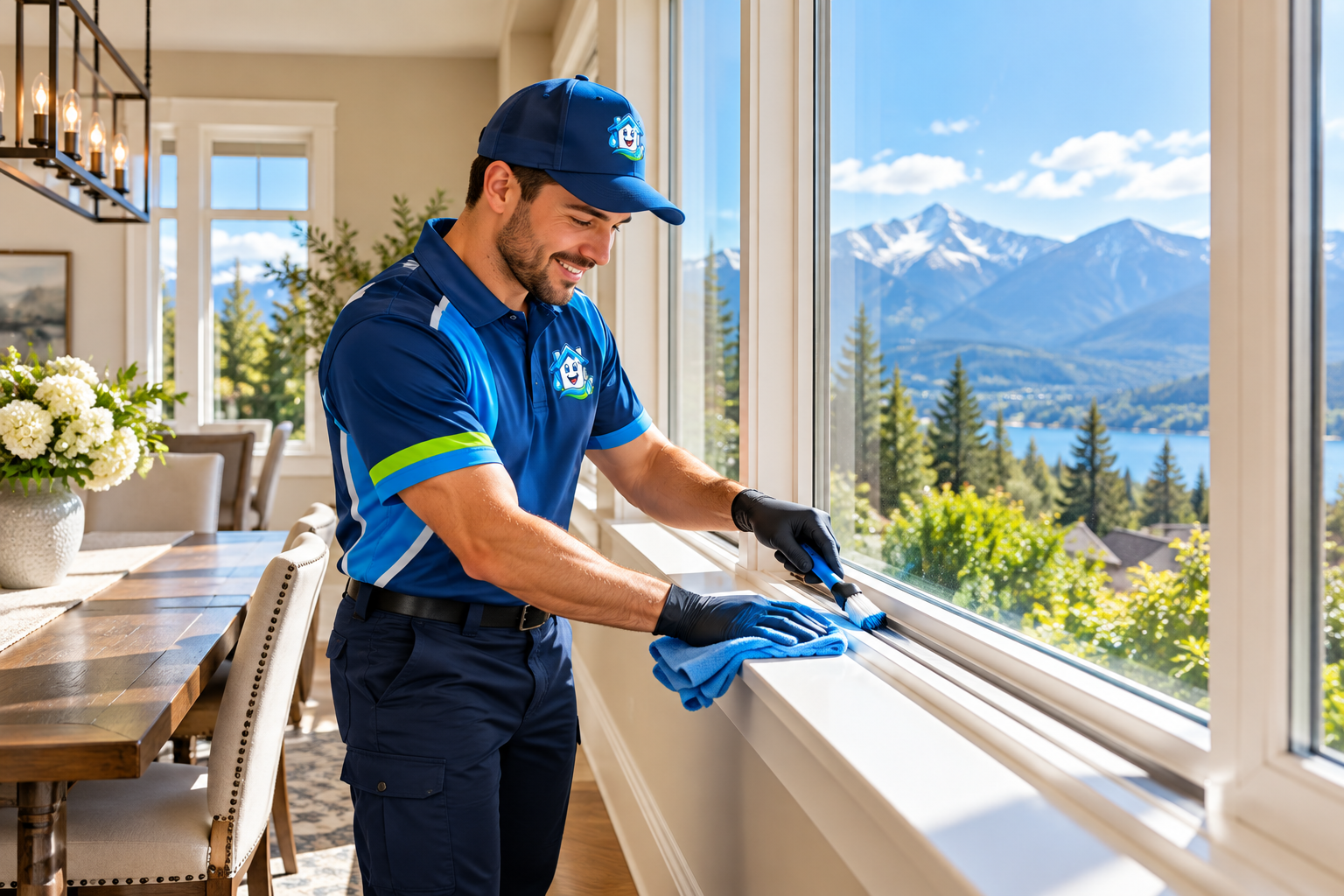 Technician cleaning interior window sill with mountain view visible outside.
