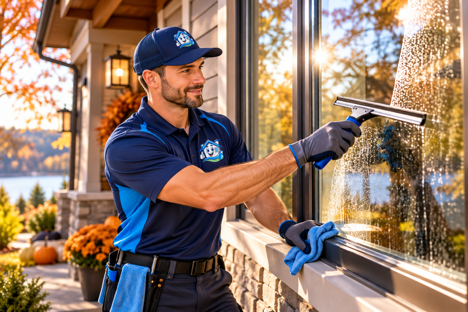 Technician cleaning exterior window before holiday season