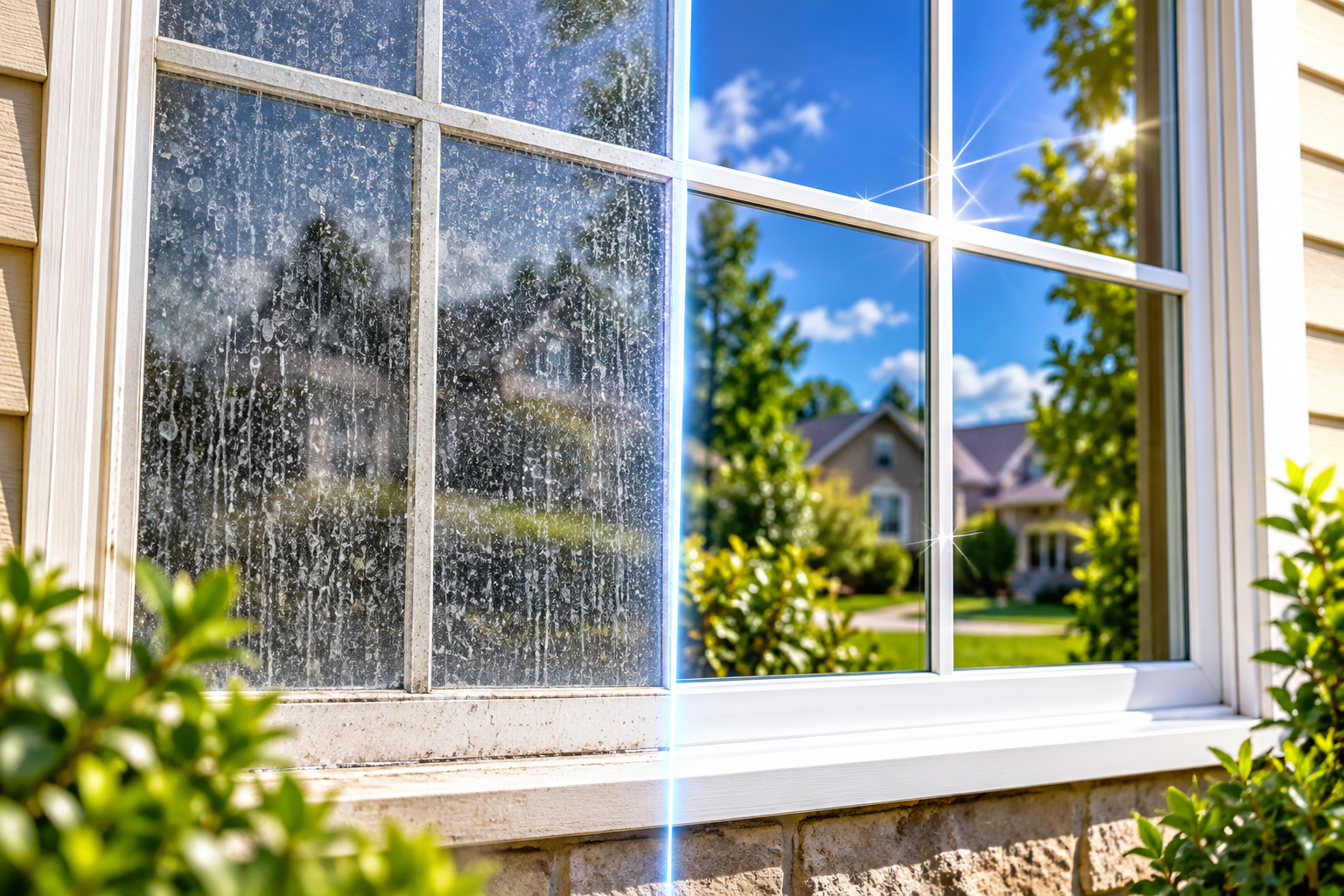 Comparison of dirty versus professionally cleaned home window.