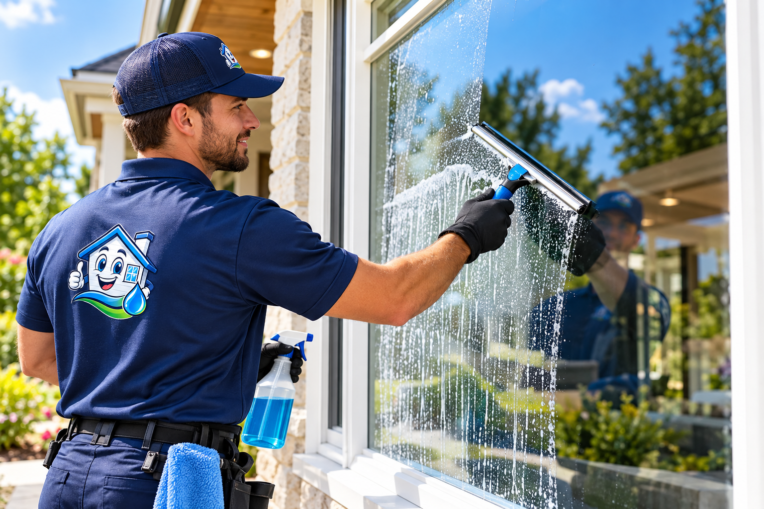 Technician using professional squeegee technique for streak-free window cleaning.