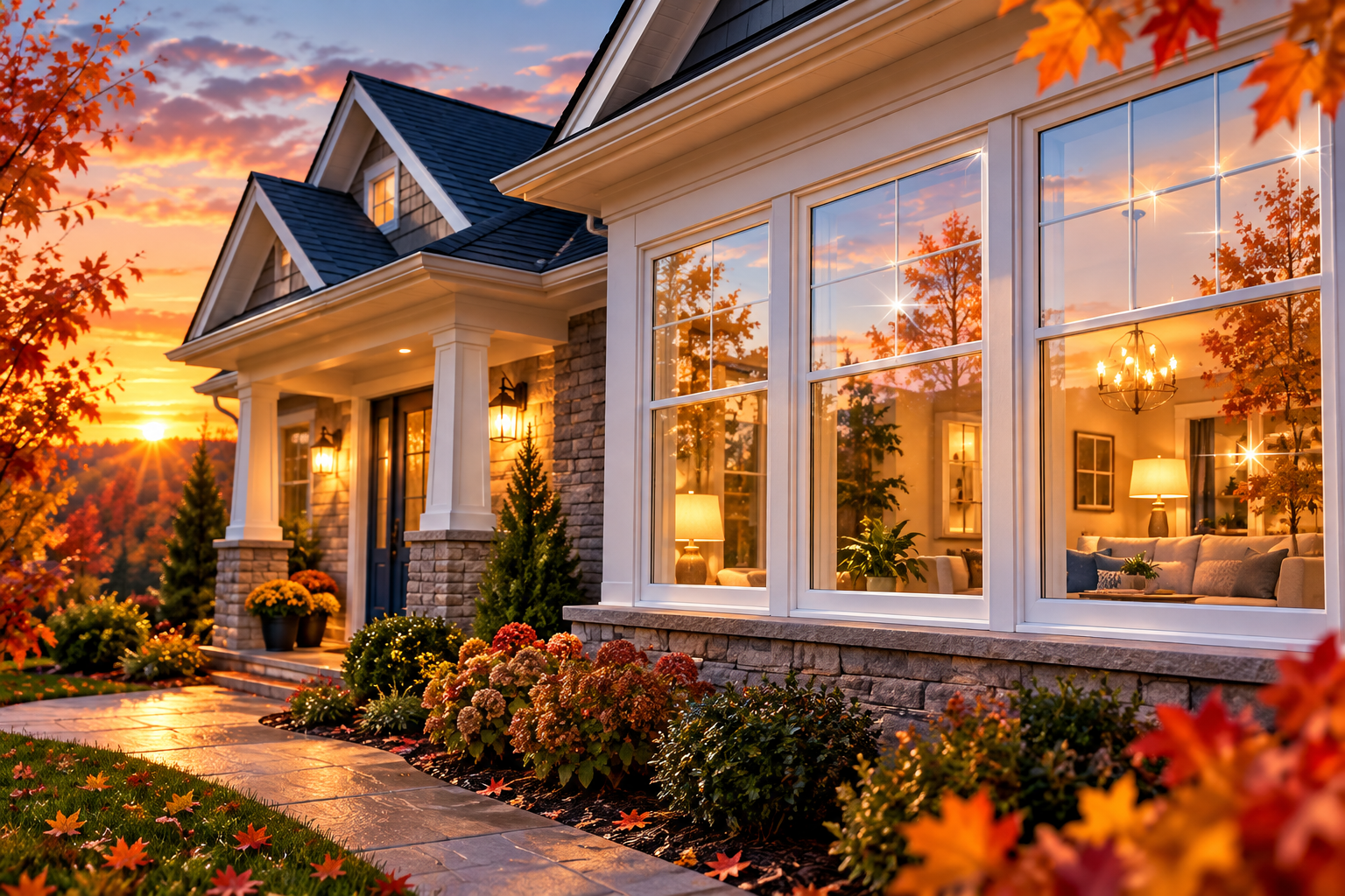 Home exterior windows clean and glowing before holiday gathering.
