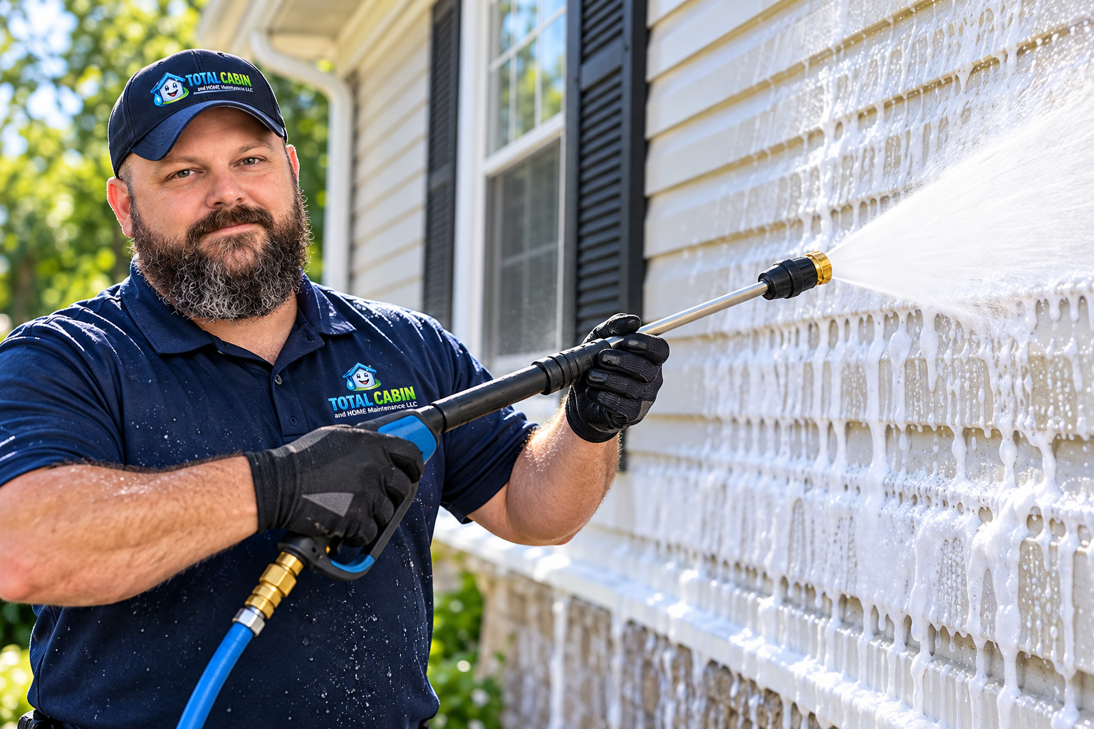 Technician applying soft wash cleaning solution to home siding.