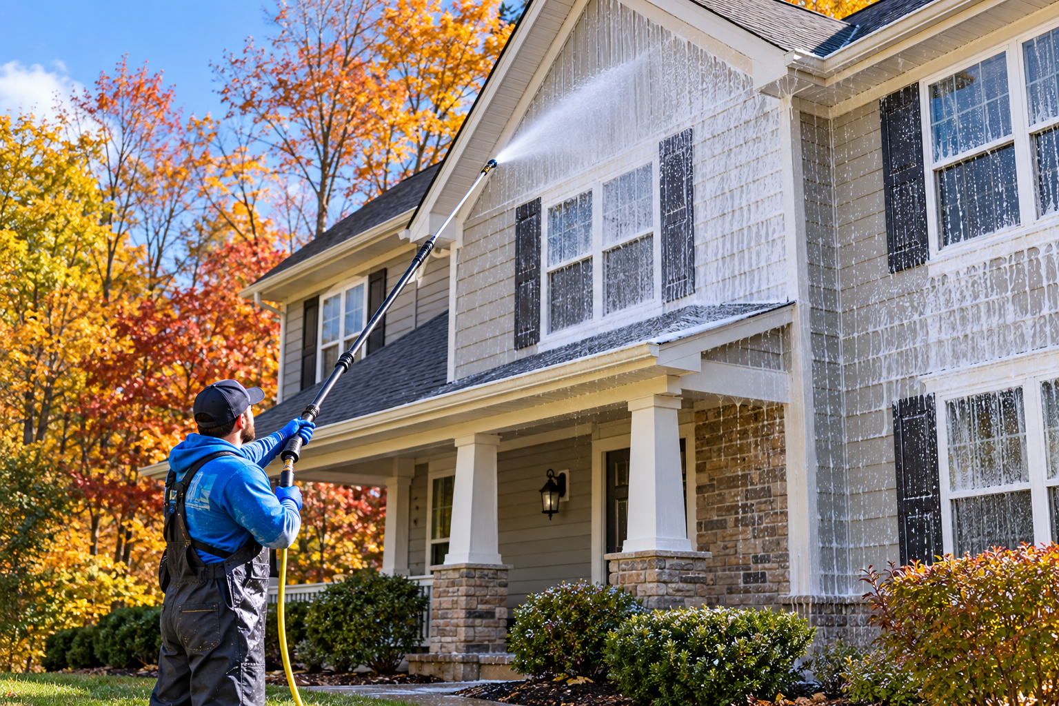 Home exterior being soft washed before winter.